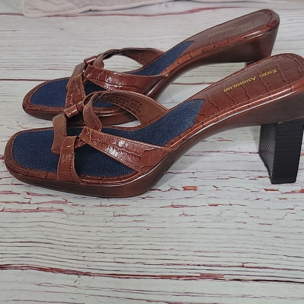 Enzo Angiolini Women’s Brown Leather Croc-Effect Heeled Sandals Size 8 - Picture 2 of 11